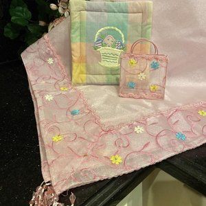 40” X 40” Pink Organza Tablecloth Bunny Rabbits Easter Spring Pot Holder Basket
